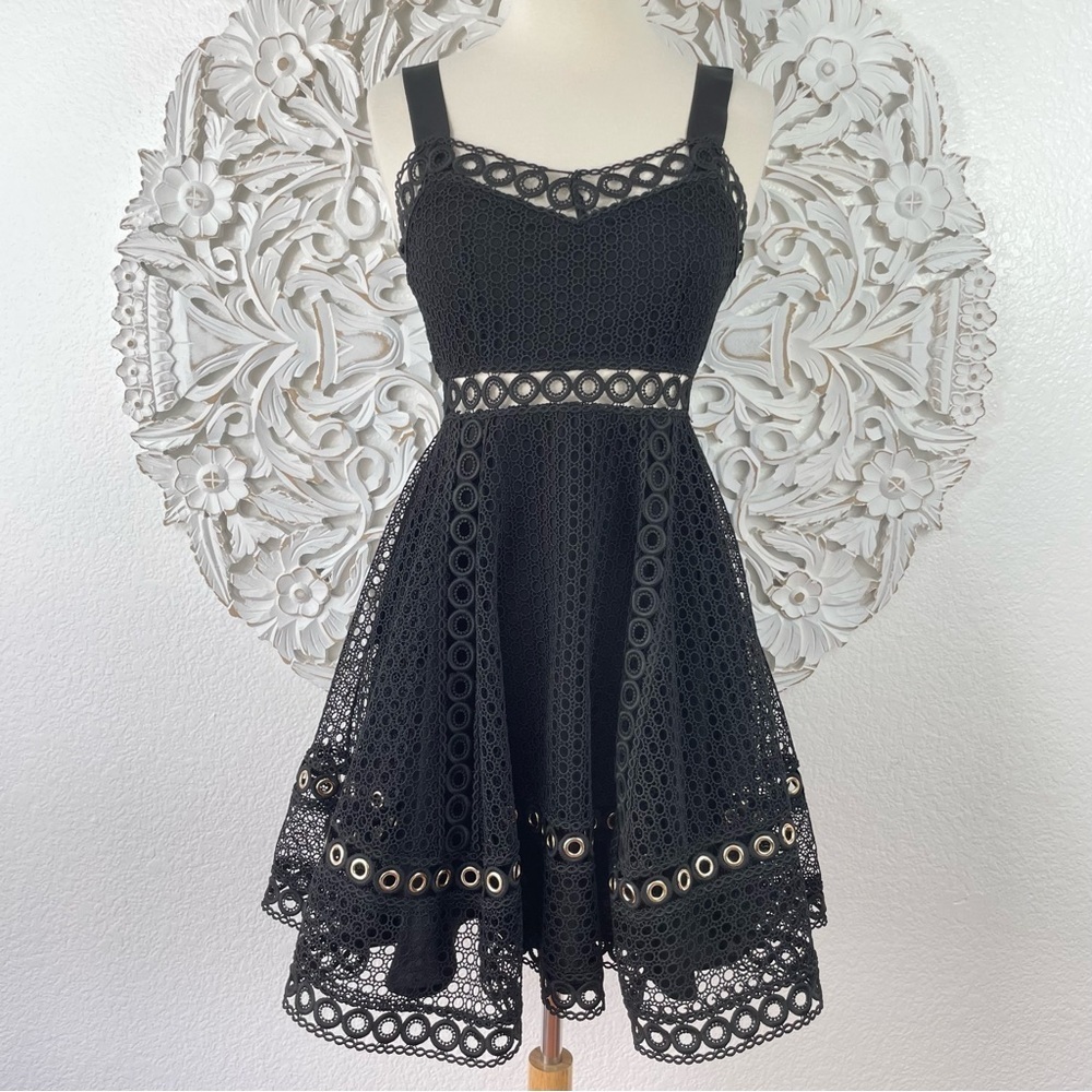{Maje} Ravi Black Crochet Lace Grommet-Detail Mini Dress, Size 1/S